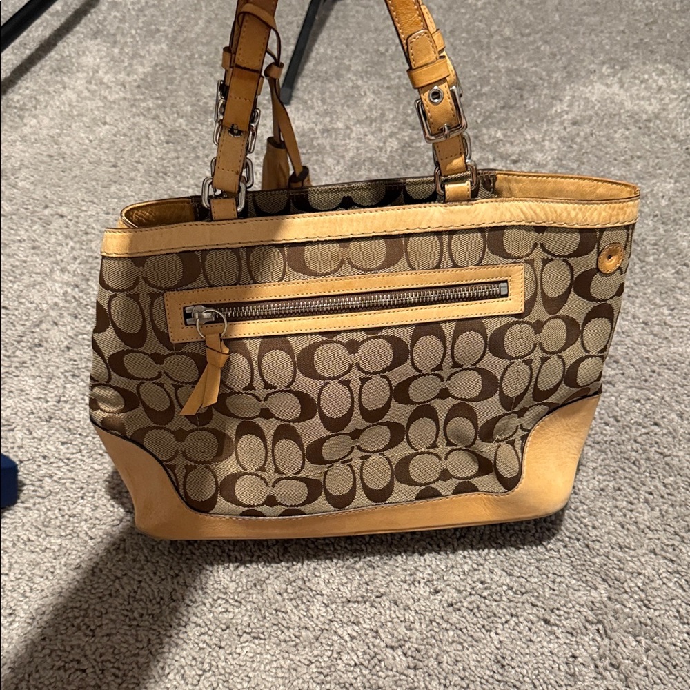 Coach Tan and Brown Signature Shoulder Bag